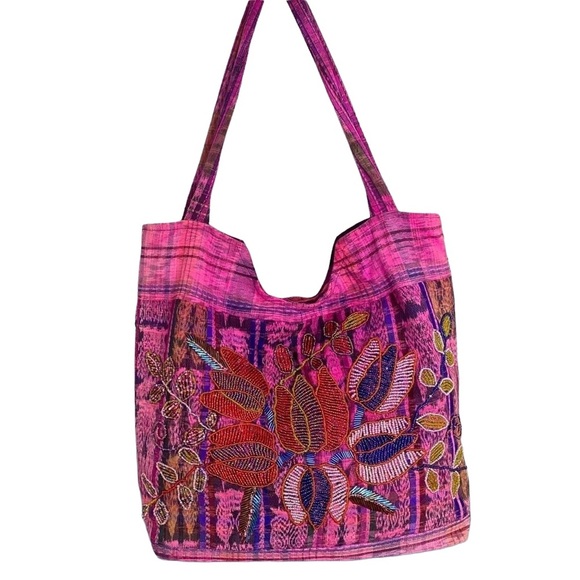 Boho Beaded Zipped Pink Tote Bag – Handmade Floral Embroidery - Picture 1 of 5